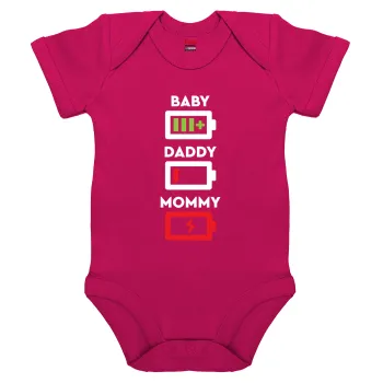 BABY, MOMMY, DADDY Low battery, Βρεφικό φορμάκι μωρού, 0-18 μηνών, ΡΟΖ, 100% Organic Cotton, κοντομάνικο