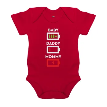 BABY, MOMMY, DADDY Low battery, Βρεφικό φορμάκι μωρού, ΚΟΚΚΙΝΟ, 100% Organic Cotton, κοντομάνικο