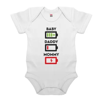 BABY, MOMMY, DADDY Low battery, Βρεφικό φορμάκι μωρού, 0-24 μηνών, ΛΕΥΚΟ, 100% Organic Cotton, κοντομάνικο
