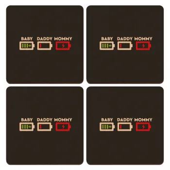 BABY, MOMMY, DADDY Low battery, ΣΕΤ x4 Σουβέρ ξύλινα τετράγωνα plywood (9cm)