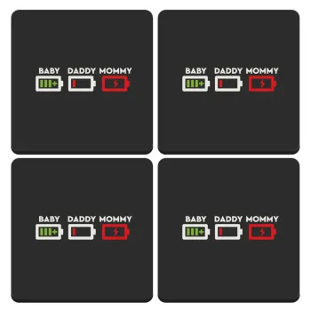 BABY, MOMMY, DADDY Low battery, ΣΕΤ 4 Σουβέρ ξύλινα τετράγωνα (9cm)