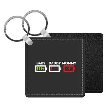 BABY, MOMMY, DADDY Low battery, Μπρελόκ Δερματίνη, τετράγωνο ΜΑΥΡΟ (5x5cm)