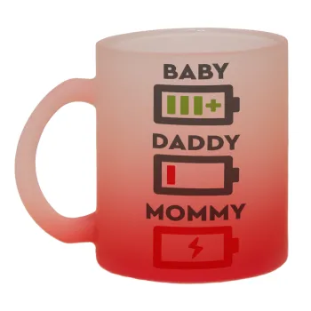 BABY, MOMMY, DADDY Low battery, Κούπα γυάλινη δίχρωμη με βάση το κόκκινο ματ, 330ml