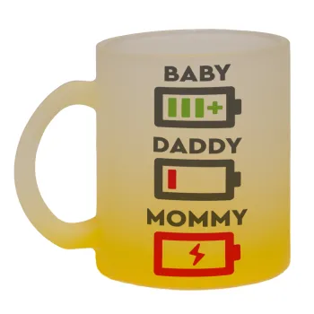 BABY, MOMMY, DADDY Low battery, Κούπα γυάλινη δίχρωμη με βάση το κίτρινο ματ, 330ml