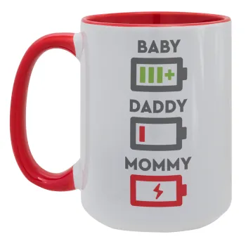 BABY, MOMMY, DADDY Low battery, Κούπα Mega 15oz, κεραμική Κόκκινη, 450ml