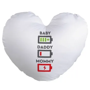 BABY, MOMMY, DADDY Low battery, Μαξιλάρι καναπέ καρδιά 40x40cm περιέχεται το  γέμισμα