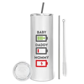 BABY, MOMMY, DADDY Low battery, Tumbler ποτήρι θερμό από ανοξείδωτο ατσάλι 600ml, με μεταλλικό καλαμάκι & βούρτσα καθαρισμού