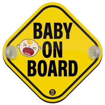 Baby on board BOY, Σήμανση αυτοκινήτου Baby On Board ξύλινο με βεντουζάκια (16x16cm)