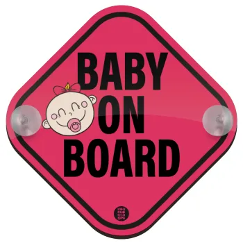 Baby on board GIRL, Σήμανση αυτοκινήτου Baby On Board ξύλινο με βεντουζάκια (16x16cm)
