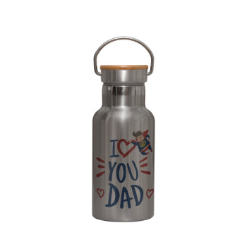 Super Dad, Stainless steel metallic thermos flask, silver with a bamboo lid, double-walled, 350ml.