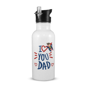 Super Dad, White water bottle with straw, stainless steel 600ml