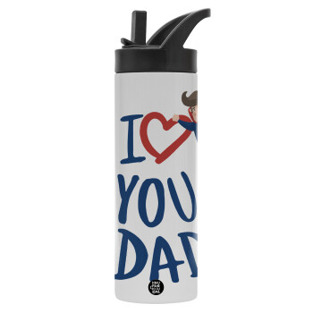 Super Dad, Μεταλλικό παγούρι θερμός με καλαμάκι & χειρολαβή, ανοξείδωτο ατσάλι (Stainless steel 304), διπλού τοιχώματος, 600ml