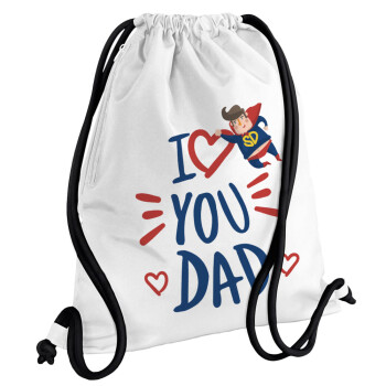 Super Dad, Backpack pouch GYMBAG white, with pocket (40x48cm) & thick cords