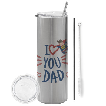 Super Dad, Eco friendly stainless steel Silver tumbler 600ml, with metal straw & cleaning brush