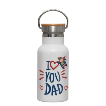Super Dad, Metallic thermos (Stainless steel) White with wooden lid (bamboo), double-walled, 350ml