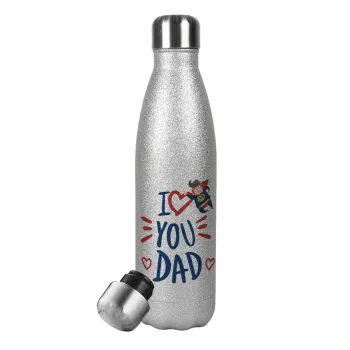 Super Dad, Metallic Glitter Silver Thermos Flask (Stainless steel), double-walled, 500ml