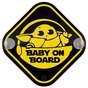 Baby yoda on board, Σήμανση αυτοκινήτου Baby On Board ξύλινο με βεντουζάκια (16x16cm)