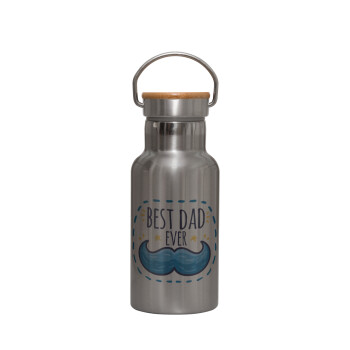 Best dad ever μπλε μουστάκι, Stainless steel metallic thermos flask, silver with a bamboo lid, double-walled, 350ml.