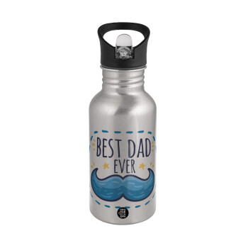 Best dad ever μπλε μουστάκι, Water bottle Silver with straw, stainless steel 500ml