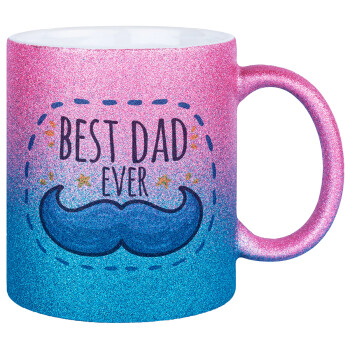 Best dad ever μπλε μουστάκι, Κούπα Χρυσή/Μπλε Glitter, κεραμική, 330ml