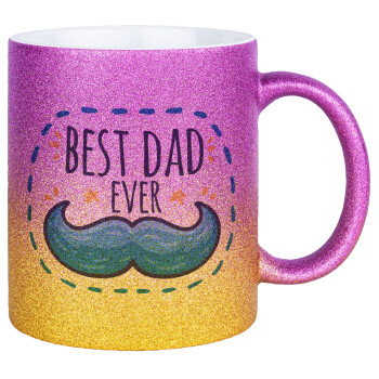 Best dad ever μπλε μουστάκι, Κούπα Χρυσή/Ροζ Glitter, κεραμική, 330ml