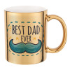 Best dad ever μπλε μουστάκι, Κούπα κεραμική, χρυσή καθρέπτης, 330ml