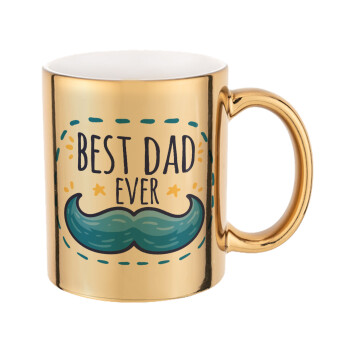 Best dad ever μπλε μουστάκι, Κούπα κεραμική, χρυσή καθρέπτης, 330ml