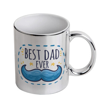 Best dad ever μπλε μουστάκι, Κούπα κεραμική, ασημένια καθρέπτης, 330ml