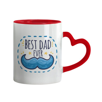 Best dad ever μπλε μουστάκι, Κούπα καρδιά χερούλι κόκκινη, κεραμική, 330ml