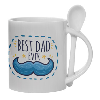 Best dad ever μπλε μουστάκι, Ceramic coffee mug with Spoon, 330ml (1pcs)