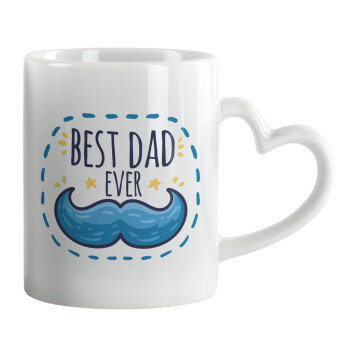 Best dad ever μπλε μουστάκι, Κούπα καρδιά χερούλι λευκή, κεραμική, 330ml