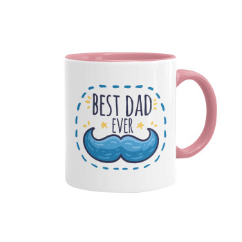 Best dad ever μπλε μουστάκι, Κούπα χρωματιστή ροζ, κεραμική, 330ml
