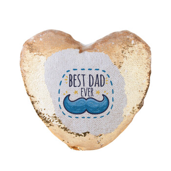 Best dad ever μπλε μουστάκι, Μαξιλάρι καναπέ καρδιά Μαγικό Χρυσό με πούλιες 40x40cm περιέχεται το  γέμισμα