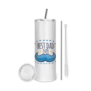 Best dad ever μπλε μουστάκι, Eco friendly stainless steel tumbler 600ml, with metal straw & cleaning brush