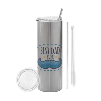 Best dad ever μπλε μουστάκι, Tumbler ποτήρι θερμό Ασημένιο από ανοξείδωτο ατσάλι 600ml, με μεταλλικό καλαμάκι & βούρτσα καθαρισμού