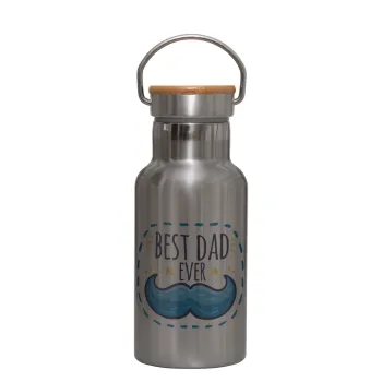 Best dad ever μπλε μουστάκι, Stainless steel metallic thermos flask, silver with a bamboo lid, double-walled, 350ml.