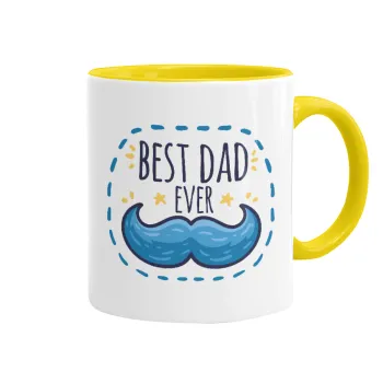 Best dad ever μπλε μουστάκι, Κούπα χρωματιστή κίτρινη, κεραμική, 330ml