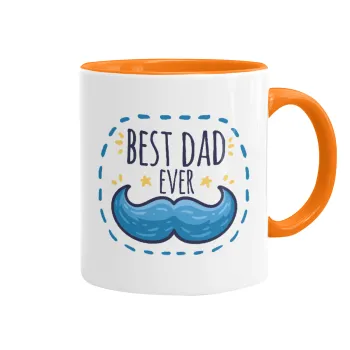 Best dad ever μπλε μουστάκι, Κούπα χρωματιστή πορτοκαλί, κεραμική, 330ml