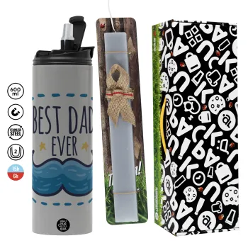 Best dad ever μπλε μουστάκι, Πασχαλινή Λαμπάδα με Travel Tumbler θερμό (600ml, BPA free) & κερί αρωματικό πλακέ (30cm) (ΓΚΡΙ)