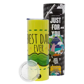 Best dad ever μπλε μουστάκι, Neon Yellow Travel Tumbler θερμό, μεταλλικό καλαμάκι(Ανωξείδωτο 304 Food grade, BPA free, 600ml)