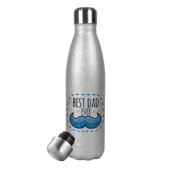Best dad ever μπλε μουστάκι, Metallic Glitter Silver Thermos Flask (Stainless steel), double-walled, 500ml
