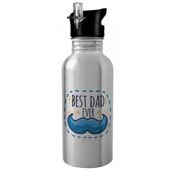 Best dad ever μπλε μουστάκι, Water bottle Silver with straw, stainless steel 600ml