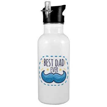 Best dad ever μπλε μουστάκι, White water bottle with straw, stainless steel 600ml