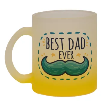 Best dad ever μπλε μουστάκι, Κούπα γυάλινη δίχρωμη με βάση το κίτρινο ματ, 330ml