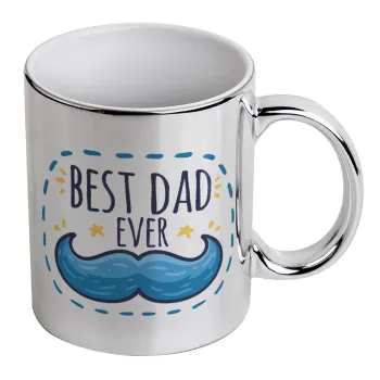 Best dad ever μπλε μουστάκι, Mug ceramic, silver mirror, 330ml