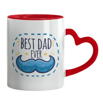 Best dad ever μπλε μουστάκι, Κούπα καρδιά χερούλι κόκκινη, κεραμική, 330ml