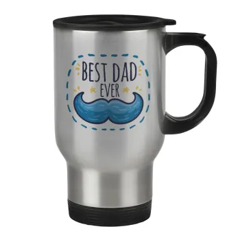 Best dad ever μπλε μουστάκι, Κούπα ταξιδιού ανοξείδωτη με καπάκι, διπλού τοιχώματος (θερμό) 450ml
