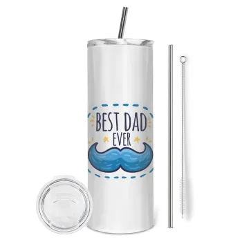 Best dad ever μπλε μουστάκι, Tumbler stainless steel 600ml, with metal straw & cleaning brush
