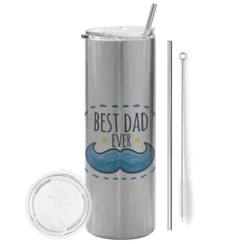 Best dad ever μπλε μουστάκι, Tumbler ποτήρι θερμό Ασημένιο από ανοξείδωτο ατσάλι 600ml, με μεταλλικό καλαμάκι & βούρτσα καθαρισμού