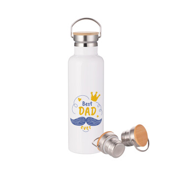 Best dad ever ο Βασιλιάς, Μεταλλικό παγούρι θερμός (Stainless steel) Λευκό με ξύλινο καπάκι (bamboo), διπλού τοιχώματος, 750ml